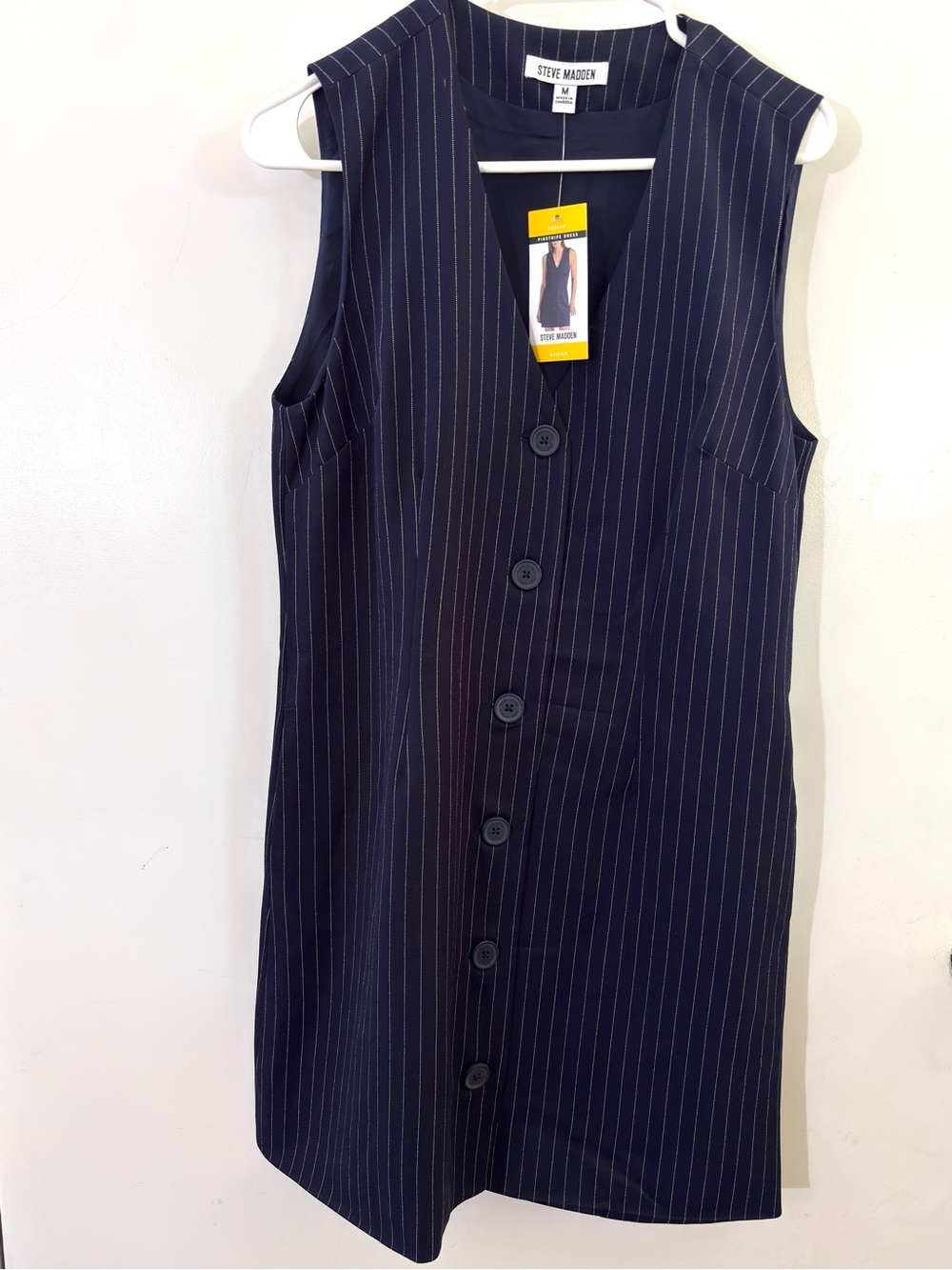 Steve Madden Navy Pinstripe Sleeveless Button Dress